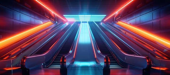 Poster - Neon Escalator Tunnel