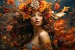 © juliars - Artistic portrait of a woman adorned with an autumnal floral crown, surrounded by floating leaves