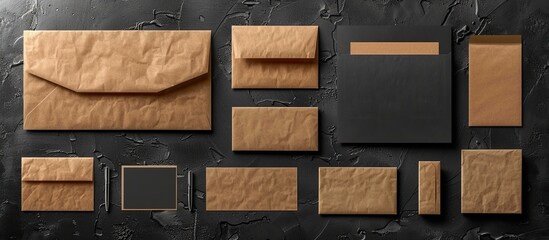 Poster - Kraft stationery set displayed on a black plaster background Ideal for showcasing corporate identity with a mock up for designers and featuring copy space image