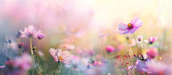 Aufkleber - A delicate flower in the morning mist set in a picturesque meadow of stunning summer blooms ideal for a floral banner with room for text or images. copy space available