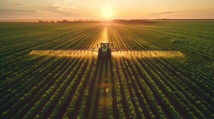 Poster - Tractor Spraying Crops at Sunset