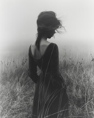 Sticker - A woman is standing in a field of tall grass. She is wearing a black dress and has her hair pulled back. The image has a moody and mysterious feel to it, as the woman is alone in the field