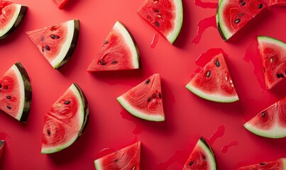 Wall Mural - Juicy watermelon pieces on a vibrant red background.