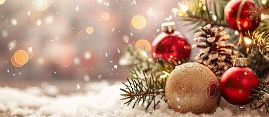Poster - Festive Christmas ornaments on a branch with copy space image