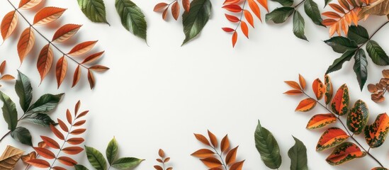 Wall Mural - Frame made of autumn foliage on white background for tropical feel flat lay Top view with natural photography for a copy space image