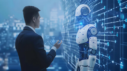  Future evolution change of human resources employee work labor recruitment to iot ai robot computer, technology transform replace human job. Generative Ai.