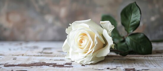 Poster - Elegant white rose on a table perfect for Valentine s Day or a wedding displayed beautifully on a greeting card with copy space image