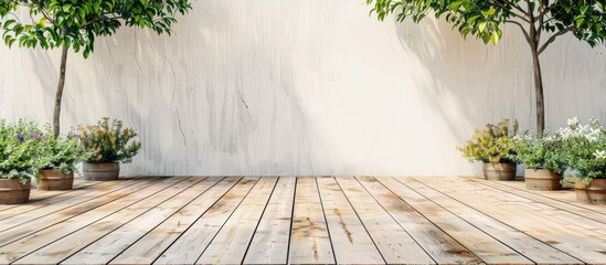 Aufkleber - Design wooden terrace with a white backdrop featuring an empty tabletop ideal for showcasing your copy and branding in a vintage themed copy space image