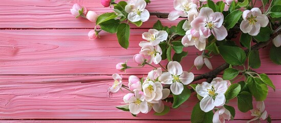 Fototapete - A blooming branch of a spring apple tree against a pink wooden backdrop providing a picturesque copy space image