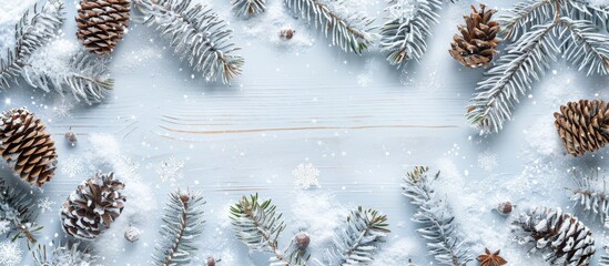 Fototapete - Christmas winter background with snow covered fir branches cones and a white wooden texture Ideal for a copy space image
