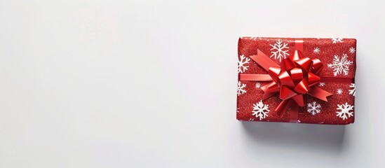 Sticker - A festive gift box with a bow is displayed against a plain white backdrop creating a perfect Christmas themed copy space image