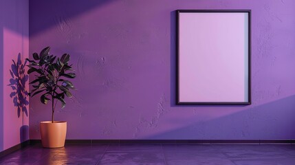 Wall Mural - purple room with a frame wall. side indoor plant. generated ai