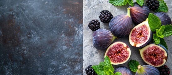 Poster - A healthy vegetarian option featuring fresh figs vibrant mint leaves and juicy blackberries presented on a copy space image