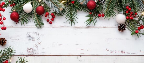 Aufkleber - Festive Christmas arrangement on a white wooden surface with space available for adding text or images shot from above. copy space available