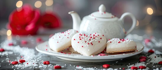 Sticker - White heart shaped Valentine s Day cookies with coconut red sprinkles white teapot on plate Ideal for copy space image