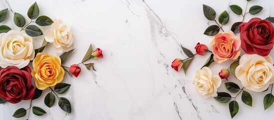 Poster - Top view flat lay of a congratulatory frame adorned with roses and leaves on a white marble backdrop featuring copy space for adding text or images