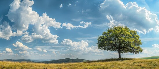 Wall Mural - A stunning summer view with a big tree and clove tree under a beautiful blue sky and fluffy clouds ideal for a mountain or forest getaway featuring a serene copy space image