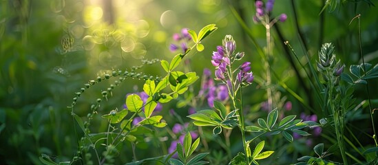 Aufkleber - Bright morning sunlight illuminates Purple Crown Vetch against a green background in a Summit County metro park in Ohio creating a vibrant copy space image