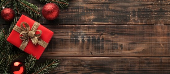 Sticker - Top view of Christmas tree ornament and gift box on a wooden background alongside a copy space image for a festive Christmas and New Year decoration