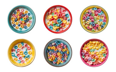 Wall Mural - Collection bowl of colorful cereal with milk isolated on a transparent background, top view, cut-out, PNG