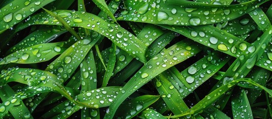 Poster - Close up image of fresh vibrant green grass with dew drops providing copy space Lush green foliage with raindrops in rainy weather creating a textured background