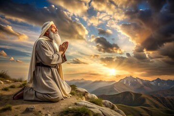 An Old Testament prophet kneeling on a mountaintop prays at sunset