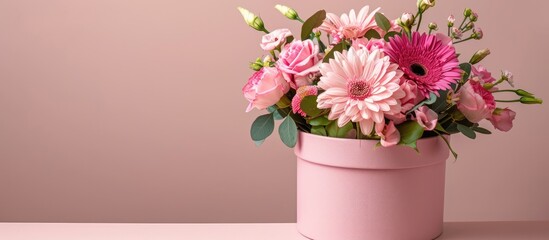 Poster - Gorgeous pink flower bouquet in a circular pink box perfect for displaying with copy space image