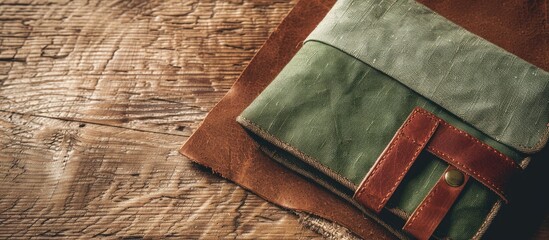 Fototapete - Top view of a green linen fabric wallet with brown real leather on a copy space image
