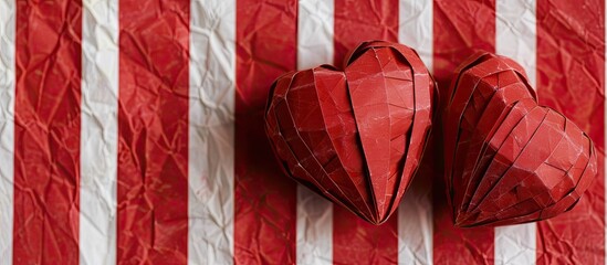 Aufkleber - Two artisan made paper hearts displayed on a background with red and white stripes with copy space image
