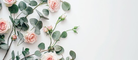 Poster - Copy space image of a floral wreath consisting of pink roses and eucalyptus leaves on a white background suitable for top view flat lay photography