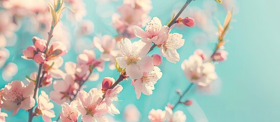 Aufkleber - Close up view of delicate pink almond tree flowers on branches against a vivid blue sky backdrop providing ample copy space in the image