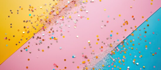 Fototapete - Top view of a minimalistic design with glitter card and copy space image on a colored background ideal for holiday Instagram flatlay