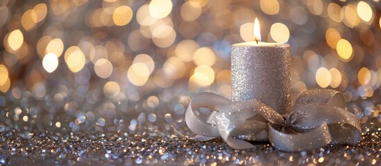 Poster - A silver candle for Christmas and New Year with a curly ribbon bow decoration placed on a glittering bokeh background perfect for adding text in the copy space image