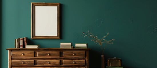 Aufkleber - Chest of drawers with blank frames books and copy space image near a green wall