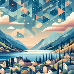 Wall Mural - Montenegro geometric art style landscape. AI generated illustration