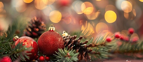 Poster - Festive decorations like Christmas balls and fir cones create a cozy holiday ambiance in the copy space image
