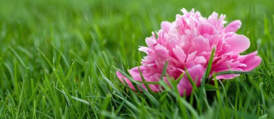 Aufkleber - Pink peony petals contrast beautifully against a backdrop of lush green grass in this copy space image
