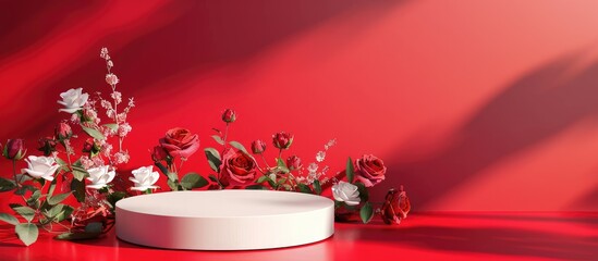Poster - Elegant product display on red backdrop with round podium lovely roses and room for copy space image