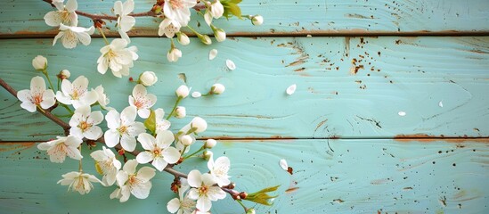 Aufkleber - Overhead view of a white cherry blossom tree in spring against a soft mint wooden backdrop with copy space image