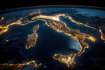 A stunning aerial view reveals Italy aglow at night, showcasing its vibrant cities and shimmering coastlines under a blanket of starry skies.