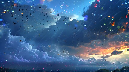 Wall Mural - A dramatic sky with rolling dark clouds and intermittent light rain, punctuated by bursts of colorful, glittering fairy lights, with birds navigating the dreamy landscape.