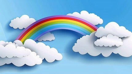 Wall Mural - A dynamic sky scene with bold, fluffy clouds at the forefront and a vivid rainbow curving over them, crafted entirely from colored paper cuts, perfect for bold announcements.