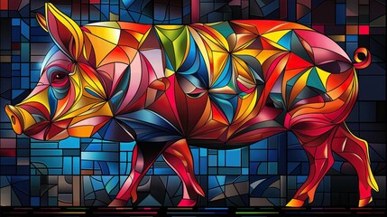 Wall Mural - A colorful pig walking through a stained glass window