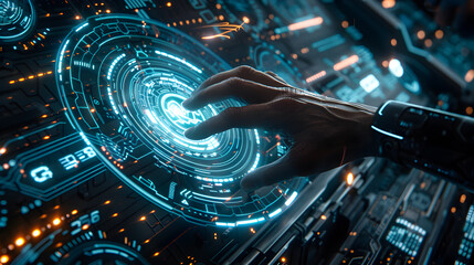 Hand touch digital hud interface futuristic technology background of virtual computer screen display ui future concept or cyber communication hologram and innovation internet system on. Generative Ai.