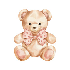 Vector watercolour teddy bear illustration. Teddy bear with a pink bow clip art. Birthday girl party decoration. 