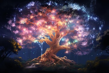 Wall Mural - Vibrant artwork of a magical tree with a mesmerizing cosmic sky, merging nature with the universe