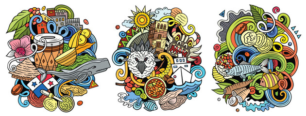 Sticker - Panama cartoon vector doodle designs set. Line art detailed compositions with lot of Panaman objects and symbols