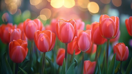 Wall Mural - Field of red tulips is blossoming at sunset