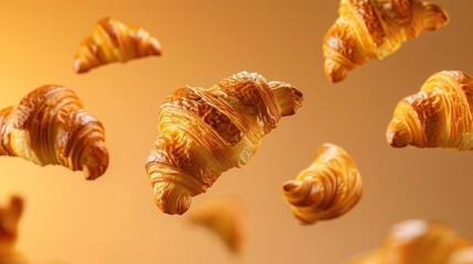 Canvas Print - Delicious croissants falling gracefully through the air, set against a minimalist background, representing popular breakfast bread.