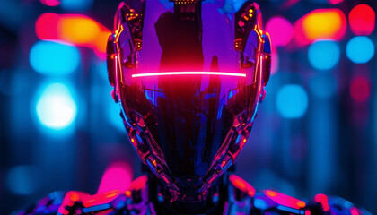 Poster - Futuristic AI Concept with Vibrant Neon Colors Reflecting Through a Robot's Head